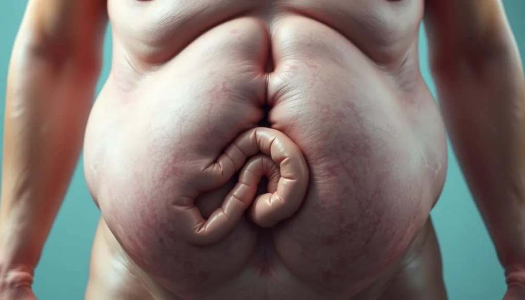 A bloated, distended human abdomen with protruding intestines, rendered in a realistic medical illustration style. The skin has a reddish hue, conveying discomfort and inflammation. The musculature and connective tissues are visible, highlighting the internal distress. The lighting is soft and diffused, creating an intimate, clinical atmosphere. The angle is a close-up, frontal view, emphasizing the central focus on the problematic gut. Subtle shadows and highlights accentuate the textural details, while muted colors evoke a sense of discomfort and unease.