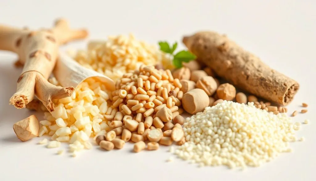 A bright, well-lit, high-resolution close-up photograph of various prebiotics for dogs, including chicory root, inulin, and galacto-oligosaccharides, arranged artfully on a clean, light-colored surface. The prebiotics are shown in their natural, unprocessed forms, with a focus on their textures, colors, and shapes to emphasize their natural origins. The lighting is soft and diffuse, creating a warm, inviting atmosphere. The image is captured from a slightly elevated angle, providing a comprehensive view of the different prebiotics and their relationship to one another. The overall composition is balanced and aesthetically pleasing, highlighting the importance of prebiotics in canine nutrition.