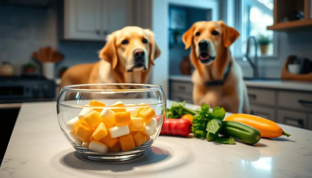 A calm, well-lit kitchen scene. On the countertop, a glass bowl filled with natural probiotic supplements for dogs, alongside a few fresh fruits and vegetables. A healthy, energetic golden retriever stands nearby, watching intently. The mood is one of wellness and care, with soft natural lighting filtering in through a nearby window. The camera angle is slightly elevated, capturing the scene from an approachable, eye-level perspective.