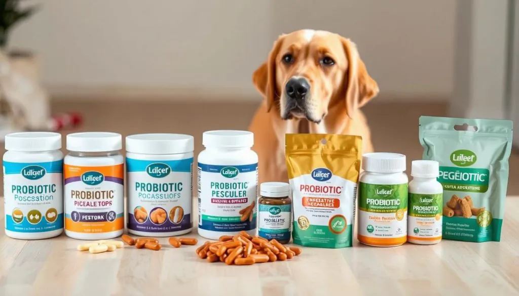 A carefully curated selection of high-quality probiotic supplements for senior dogs, displayed on a clean, light-colored wooden surface. The foreground features several different probiotic products - powders, capsules, and chewable treats - arranged in an organized, visually appealing manner. The middle ground shows a senior dog, perhaps a golden retriever or labrador, gazing intently at the products, conveying the importance of digestive health support for aging canines. The background is subtly blurred, maintaining focus on the probiotic items and the dog. The lighting is soft and natural, creating a warm, inviting atmosphere that reflects the care and attention required when choosing the best probiotics to support an older dog's wellbeing.