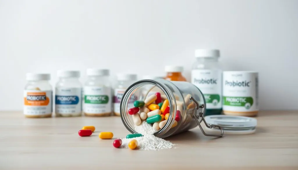A clean and modern still life scene depicting a variety of dog probiotic supplements. In the foreground, an open glass jar filled with colorful probiotic capsules and powder sits atop a smooth, wooden surface. In the middle ground, additional glass jars and bottles with various probiotic formulas are arranged neatly. The background features a plain white wall, creating a minimalist and clinical atmosphere. The lighting is soft and diffused, accentuating the textures and colors of the products. The overall composition conveys a sense of order, professionalism, and the importance of proper dosage when administering probiotics to dogs.