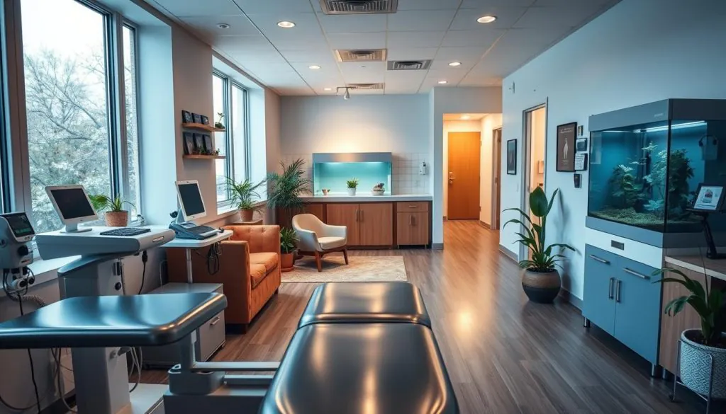 A clean, calming veterinary clinic interior with a warm, natural aesthetic. Soft, diffused lighting from large windows illuminates a welcoming reception area with wooden furnishings and potted plants. In the foreground, a gleaming, stainless-steel exam table is flanked by modern medical equipment. The middle ground features a cozy waiting area with plush, upholstered seating and a tranquil aquarium. In the background, a hallway leads to treatment rooms, hinting at the professional care and attention to detail that pervades the space. An atmosphere of cleanliness, comfort, and holistic wellness pervades the scene, reflecting the philosophy of the "clean care" approach. A clean, calming veterinary clinic interior with a warm, natural aesthetic. Soft, diffused lighting from large windows illuminates a welcoming reception area with wooden furnishings and potted plants. In the foreground, a gleaming, stainless-steel exam table is flanked by modern medical equipment. The middle ground features a cozy waiting area with plush, upholstered seating and a tranquil aquarium. In the background, a hallway leads to treatment rooms, hinting at the professional care and attention to detail that pervades the space. An atmosphere of cleanliness, comfort, and holistic wellness pervades the scene, reflecting the philosophy of the "clean care" approach.