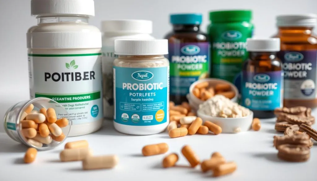 A close-up, high-resolution image of various probiotic supplements for dogs, including capsules, powders, and chews, arranged neatly on a clean, white background. The items are well-lit, with soft, natural lighting creating subtle shadows and highlights to emphasize their texture and colors. The foreground is in sharp focus, while the background is slightly blurred, creating a sense of depth and drawing the viewer's attention to the probiotics. The overall mood is clean, informative, and appealing, showcasing the products in a way that would be suitable for an article on canine digestive health.