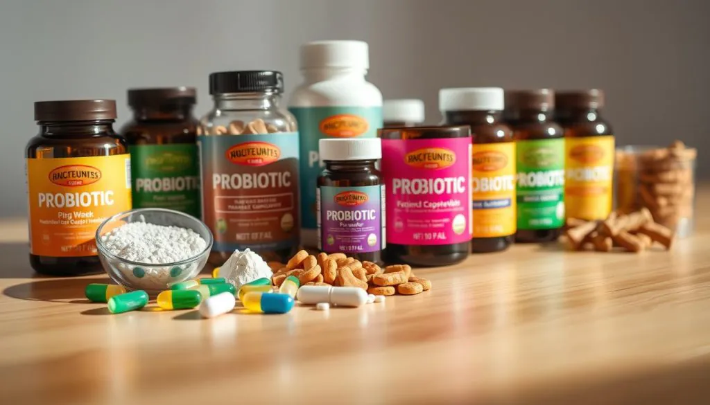 A close-up photograph of an assortment of colorful probiotic supplements for dogs, including capsules, powder, and chewable treats, neatly arranged on a clean, well-lit wooden surface. The image is captured with a professional DSLR camera using a macro lens, providing a detailed and crisp depiction of the various probiotic formulations. The lighting is soft and natural, creating a warm, inviting atmosphere that highlights the quality and purity of the supplements. The background is slightly blurred, gently directing the viewer's attention to the vibrant, high-quality probiotic products in the foreground.