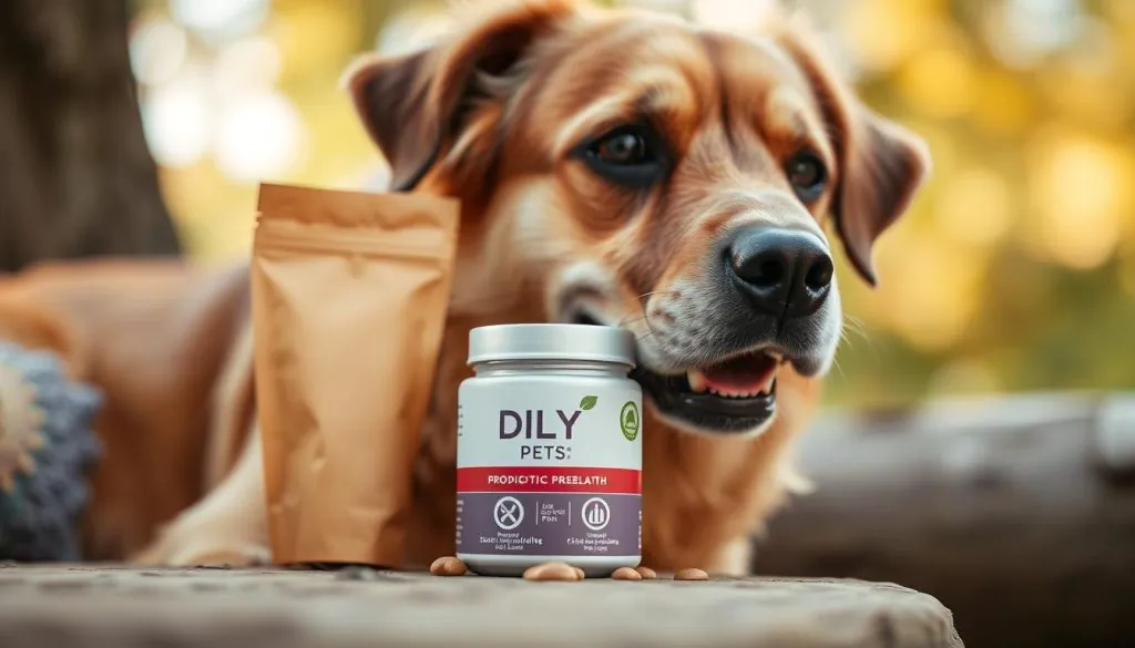 A close-up shot of a senior dog enjoying a DLY Pets probiotic supplement, set against a warm, natural backdrop. The dog's fur has a healthy sheen, and its eyes are bright and alert, conveying a sense of vitality. The product packaging is prominently displayed, showcasing the DLY Pets brand and highlighting its focus on supporting senior canine gut health. Soft, diffused lighting illuminates the scene, creating a calming and inviting atmosphere. The composition places the dog and the product at the center, drawing the viewer's attention to the key elements of the image. A close-up shot of a senior dog enjoying a DLY Pets probiotic supplement, set against a warm, natural backdrop. The dog's fur has a healthy sheen, and its eyes are bright and alert, conveying a sense of vitality. The product packaging is prominently displayed, showcasing the DLY Pets brand and highlighting its focus on supporting senior canine gut health. Soft, diffused lighting illuminates the scene, creating a calming and inviting atmosphere. The composition places the dog and the product at the center, drawing the viewer's attention to the key elements of the image.