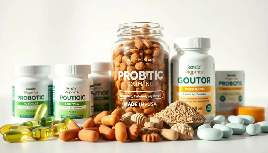 A close-up shot of an assortment of probiotic supplements for dogs, neatly arranged on a clean, bright surface. The foreground features soft-gel capsules, powdered supplements, and chewable tablets in a variety of natural colors like greens, browns, and whites. The middle ground showcases a glass jar filled with a vibrant, gut-friendly blend of probiotics, enzymes, and other beneficial ingredients. The background is a simple, light-colored backdrop, emphasizing the quality and purity of the made-in-the-USA products. Soft, natural lighting casts gentle shadows, highlighting the high-quality nature of these premium digestive support supplements for pups with sensitive stomachs.