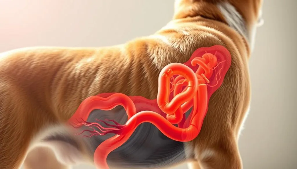 A close-up view of a dog's digestive system, showcasing a vibrant, healthy gut. The scene is lit by soft, natural lighting, creating a serene and inviting atmosphere. The foreground features a detailed cross-section of the intestines, highlighting the intricate web of blood vessels, beneficial bacteria, and other essential components that contribute to optimal gut health. The middle ground displays a three-dimensional model of the dog's gastrointestinal tract, providing a comprehensive overview of the system's structure and function. The background subtly fades into a calming, neutral tone, allowing the focus to remain on the gut's inner workings. The overall composition conveys the importance of maintaining a balanced and thriving gut microbiome for a dog's overall well-being.