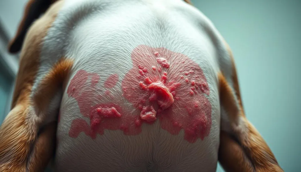A close-up view of a dog's stomach, prominently displaying an inflamed, reddish skin rash. The fur is patchy and the skin appears irritated, with visible bumps or sores. The lighting is soft and diffused, creating a subtle, clinical atmosphere. The background is slightly blurred, keeping the focus on the detailed, textured skin of the dog's abdomen. The angle is slightly elevated, giving a sense of intimacy and inspection. The overall mood is one of concern and medical examination, highlighting the sensitive nature of the subject matter.
