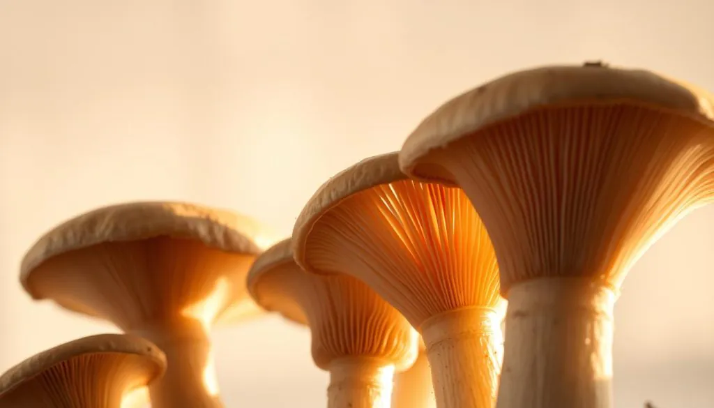 A close-up view of several mushrooms, their caps open and gills exposed, against a soft, blurred background. The mushrooms are lit from the side, casting subtle shadows and highlights that accentuate their textures and forms. The lighting is warm and natural, creating a soothing, earthy atmosphere. The image conveys the beneficial properties of these fungi, highlighting their importance for gut health and overall well-being.