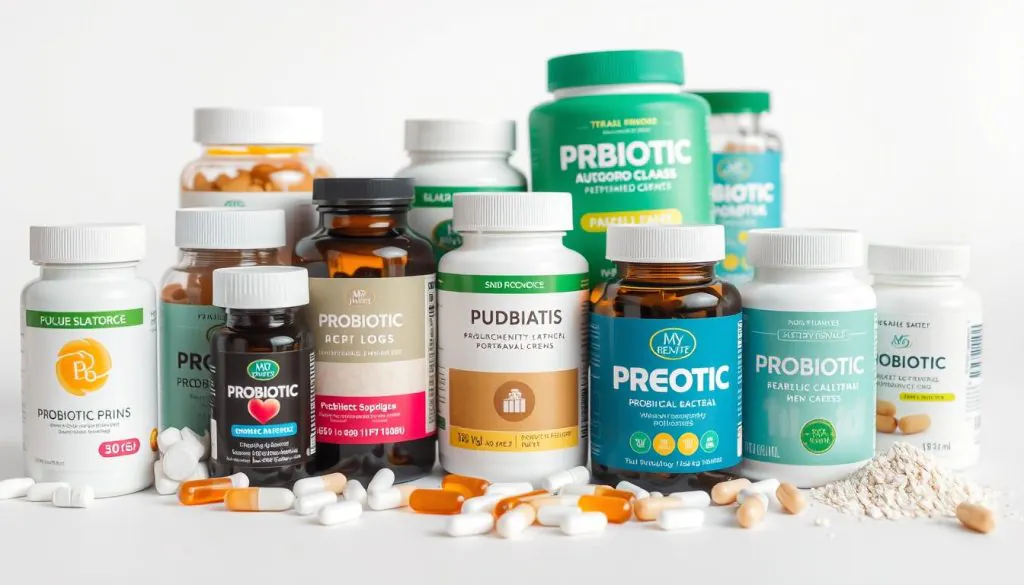 A close-up view of various probiotic capsules, tablets, and powders for dogs, arranged on a clean, minimalist background. The image has a crisp, well-lit studio feel, showcasing the different strains and formulations of beneficial bacteria with clarity and precision. The composition emphasizes the diversity of probiotics available, highlighting their key features like strain names, colony-forming units, and ingredient lists. The overall mood is informative and educational, conveying the importance of selecting the right probiotic supplements to support a dog's gut health and overall wellbeing.