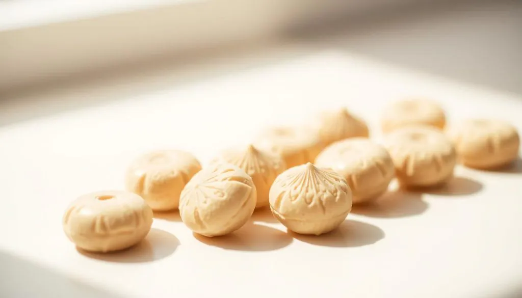 A closeup shot of several small, round probiotic chews in natural daylight. The chews have a light tan color and a subtly textured surface, reflecting their whole food, plant-based ingredients. They are arranged neatly on a minimalist, off-white surface, creating a sense of calm and simplicity. The lighting is soft and even, illuminating the chews from above, casting gentle shadows below. The background is blurred, keeping the focus on the product. The composition is balanced and the overall mood is one of purity, health, and daily wellness. A closeup shot of several small, round probiotic chews in natural daylight. The chews have a light tan color and a subtly textured surface, reflecting their whole food, plant-based ingredients. They are arranged neatly on a minimalist, off-white surface, creating a sense of calm and simplicity. The lighting is soft and even, illuminating the chews from above, casting gentle shadows below. The background is blurred, keeping the focus on the product. The composition is balanced and the overall mood is one of purity, health, and daily wellness.