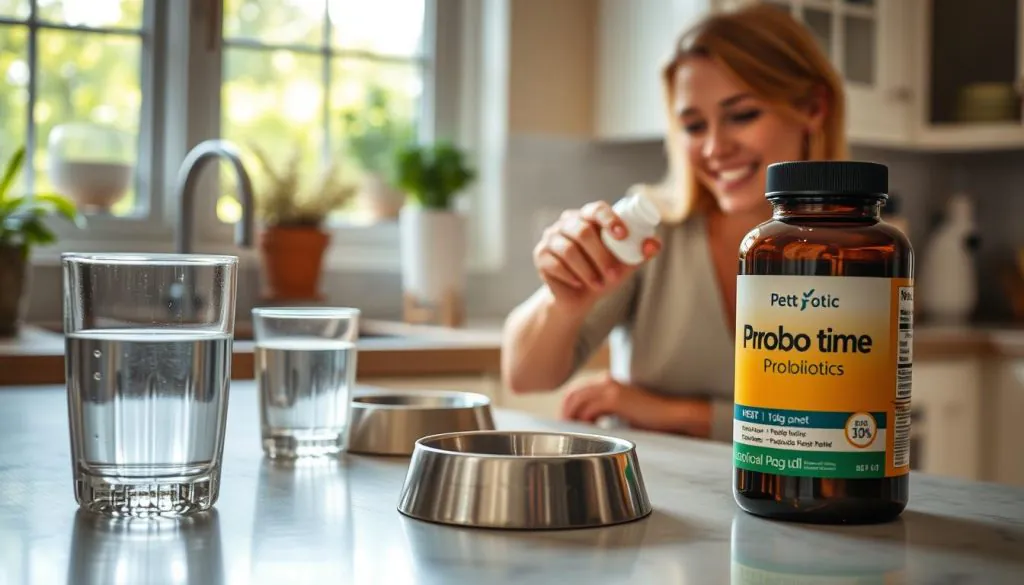 A cozy kitchen counter scene, sunlit and inviting, with a glass of water, a dog bowl, and a bottle of probiotics in the foreground. In the middle ground, a smiling pet owner carefully measures out the probiotic supplement, while in the background, a window overlooks a lush, green garden. The lighting is soft and natural, conveying a sense of wellness and care. The composition is balanced, drawing the viewer's attention to the central action of administering the probiotics at the optimal time of day.