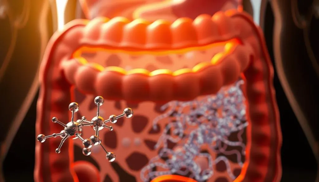 A cross-section of the human gut, illuminated with a warm, natural light. In the foreground, a detailed illustration of short-chain fatty acids, their molecular structures clearly visible. In the middle ground, the gut lining is represented by a delicate network of villi, highlighting their role in nutrient absorption. The background features a stylized visualization of the gut microbiome, depicting the diverse array of beneficial bacteria that produce these vital fatty acids. The overall composition conveys the evidence-backed benefits of short-chain fatty acids for digestive health and immune system function.