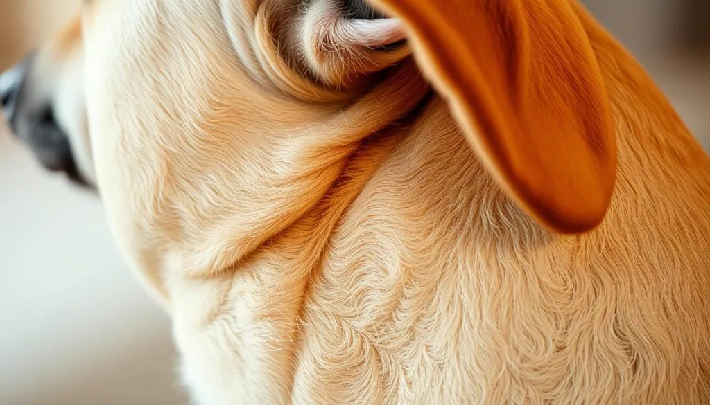 A detailed close-up of a dog's skin, coat, and ears, showcasing the intricate connection between the gut and external appearance. The image should have a natural, warm lighting, creating a soft, inviting atmosphere. The focus should be on the textured skin, smooth fur, and delicate ear structures, emphasizing the harmony between the internal and external health of the canine subject. Utilize a shallow depth of field to draw the viewer's attention to the key elements, with a slightly blurred background to provide context without distracting. Capture the essence of the gut-skin relationship in a visually striking and informative manner.