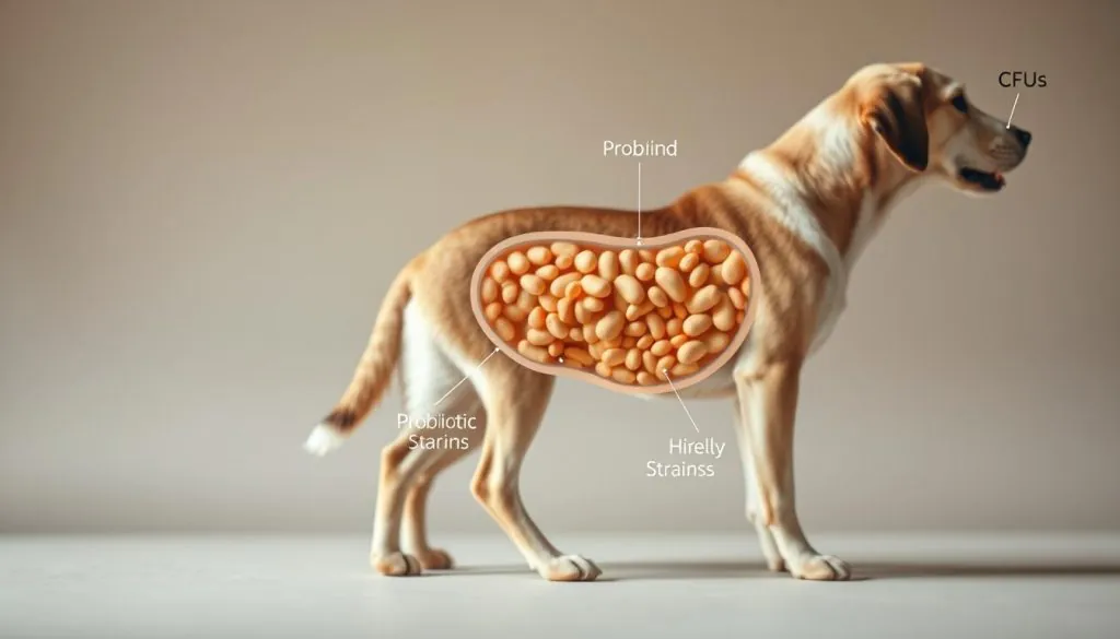 A detailed cross-section diagram of a dog's gut, showcasing the various strains of probiotics and their corresponding colony-forming units (CFUs). The foreground highlights the different probiotic strains, each with its unique shape and color, while the middle ground depicts the gut lining and digestive system. The background features a soft, muted gradient to provide depth and focus on the key elements. The lighting is soft and diffused, creating a warm, educational atmosphere. The perspective is slightly angled to provide a clear, informative view of the gut's inner workings and the relationship between the probiotic strains and their CFUs. A detailed cross-section diagram of a dog's gut, showcasing the various strains of probiotics and their corresponding colony-forming units (CFUs). The foreground highlights the different probiotic strains, each with its unique shape and color, while the middle ground depicts the gut lining and digestive system. The background features a soft, muted gradient to provide depth and focus on the key elements. The lighting is soft and diffused, creating a warm, educational atmosphere. The perspective is slightly angled to provide a clear, informative view of the gut's inner workings and the relationship between the probiotic strains and their CFUs.