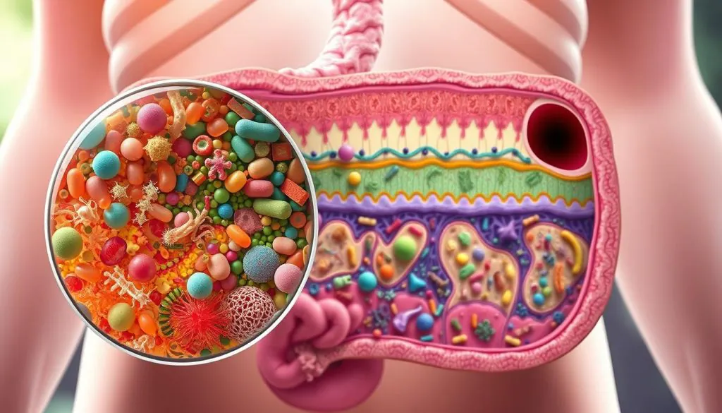 A detailed cross-section illustration of the gut-skin-ear microbiome, showcasing the interconnected ecosystem. The foreground features a magnified view of diverse gut bacteria, yeasts, and microbes, with a vibrant color palette. The middle ground depicts the skin barrier, including the epidermis, dermis, and sebaceous glands, teeming with probiotic and pathogenic microorganisms. In the background, the inner ear canal is visible, highlighting the ear microbiome and its relationship to skin and gut health. The scene is lit with a soft, natural lighting, creating a sense of depth and dimensionality. The overall mood is educational, scientific, and visually striking, conveying the complex interactions within the gut-skin-ear axis.