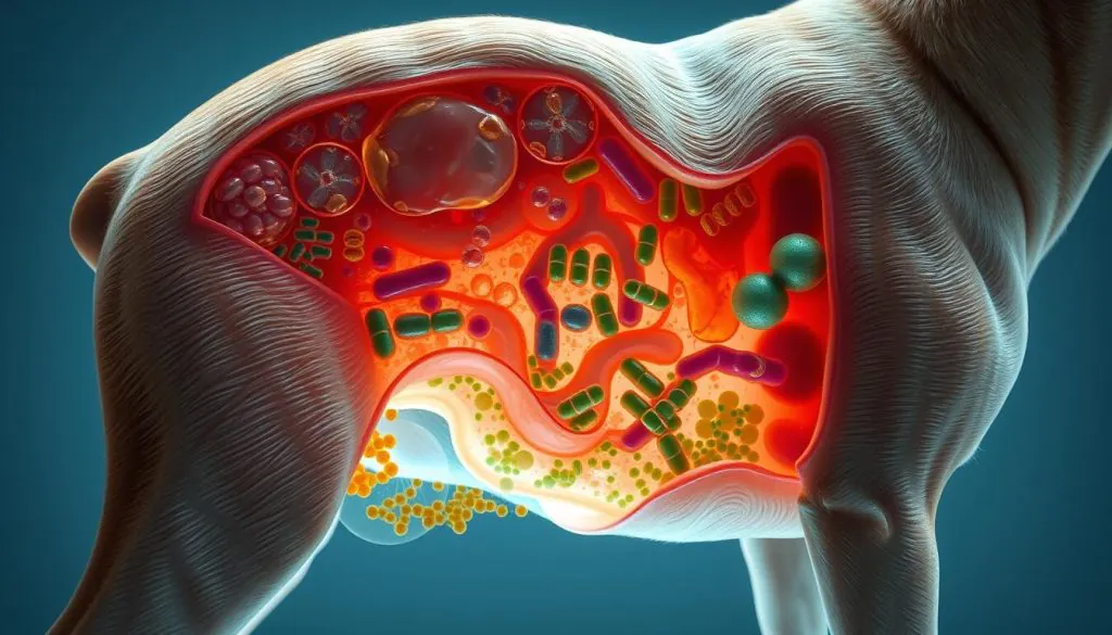 A detailed cross-section of a dog's gut, showcasing its intricate microbiome. The image should depict the various bacteria, yeasts, and other microorganisms that inhabit the canine digestive system, rendered in a vibrant, scientific style. The foreground should focus on the gut's interior, with a clear view of the mucosal lining and the diverse microbial colonies. The middle ground should feature the gut's musculature and connective tissue, while the background should provide context by showing the overall shape and position of the organ within the dog's body. Lighting should be soft and even, with a slightly muted color palette to convey the seriousness of the subject matter. The lens should be macro, allowing for a close-up, detailed view of the microbiome's complex structure and composition.