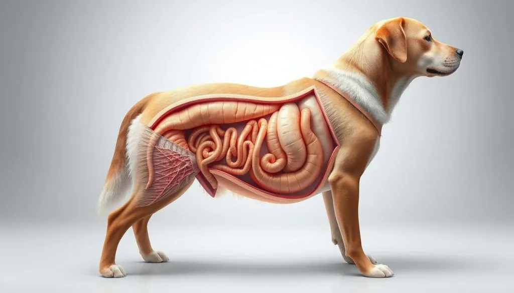A detailed cross-section of a dog's gut, showcasing the intricate structures and layers that make up its digestive system. The image should be rendered with a clean, scientific aesthetic, using a combination of photorealistic and semi-abstract elements. The foreground should display the different components of the gut, such as the intestines, stomach, and colon, with attention to the textures, colors, and shapes of the organs. The middle ground should feature a subtle backdrop, suggesting the larger context of the dog's body, while the background should be a neutral, minimalist setting that allows the gut structure to be the focal point. Lighting should be soft and even, creating a sense of depth and dimensionality, and the overall composition should be balanced and visually appealing, conveying the importance and complexity of the dog's digestive system.