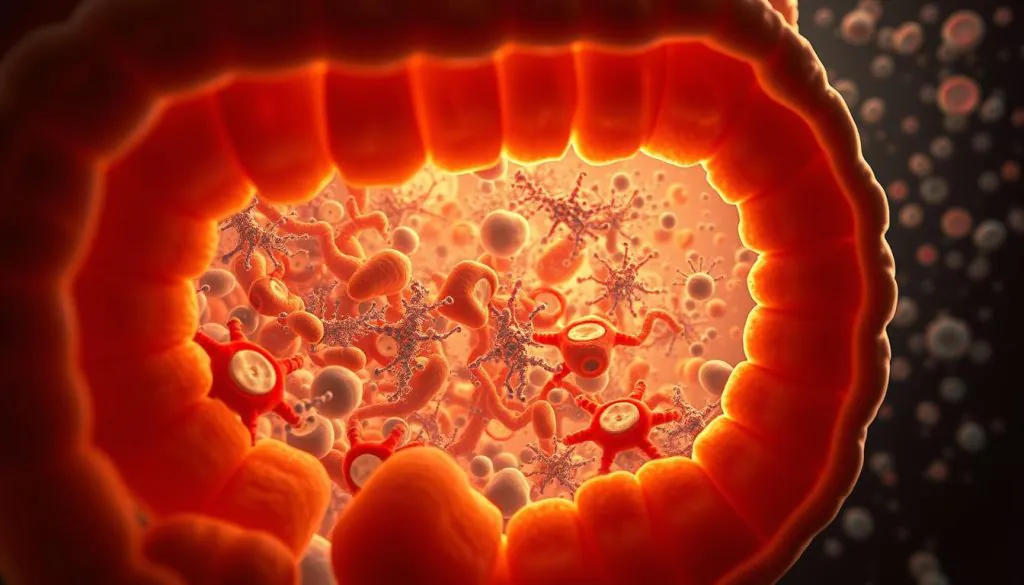 A detailed cross-section of a puppy's intestinal tract, showcasing the intricate network of digestive organs, microbiome, and immune cells. The foreground depicts the intestinal lining, with villi and microvilli visible under a high-magnification microscope lens. The middle ground highlights the diverse gut bacteria, both beneficial and pathogenic, thriving in the nutrient-rich environment. In the background, lymphoid follicles and immune cells, such as T cells and B cells, are shown actively monitoring and responding to the gut's microbiome. The lighting is warm and soft, creating a sense of scientific exploration and discovery. The overall mood is one of curiosity and understanding of the vital role the gut plays in a puppy's development and health. A detailed cross-section of a puppy's intestinal tract, showcasing the intricate network of digestive organs, microbiome, and immune cells. The foreground depicts the intestinal lining, with villi and microvilli visible under a high-magnification microscope lens. The middle ground highlights the diverse gut bacteria, both beneficial and pathogenic, thriving in the nutrient-rich environment. In the background, lymphoid follicles and immune cells, such as T cells and B cells, are shown actively monitoring and responding to the gut's microbiome. The lighting is warm and soft, creating a sense of scientific exploration and discovery. The overall mood is one of curiosity and understanding of the vital role the gut plays in a puppy's development and health.