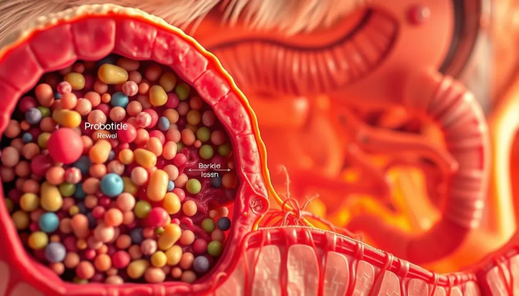 A detailed cross-section of a vibrant gut microbiome, showcasing a diverse array of beneficial bacteria, probiotics, and microorganisms. The foreground features a magnified view of the microbial community, with individual cells and colonies in various shapes, sizes, and colors, hinting at their unique functions. The middle ground presents a wider perspective of the intestinal tract, with intricate networks of blood vessels and nutrient pathways. In the background, a soft, blurred impression of the dog's digestive system, suggesting the holistic nature of gut health. The lighting is warm and diffused, creating a sense of vitality and balance. The overall composition conveys the dynamic, interconnected nature of the gut microbiome and its crucial role in supporting canine well-being.