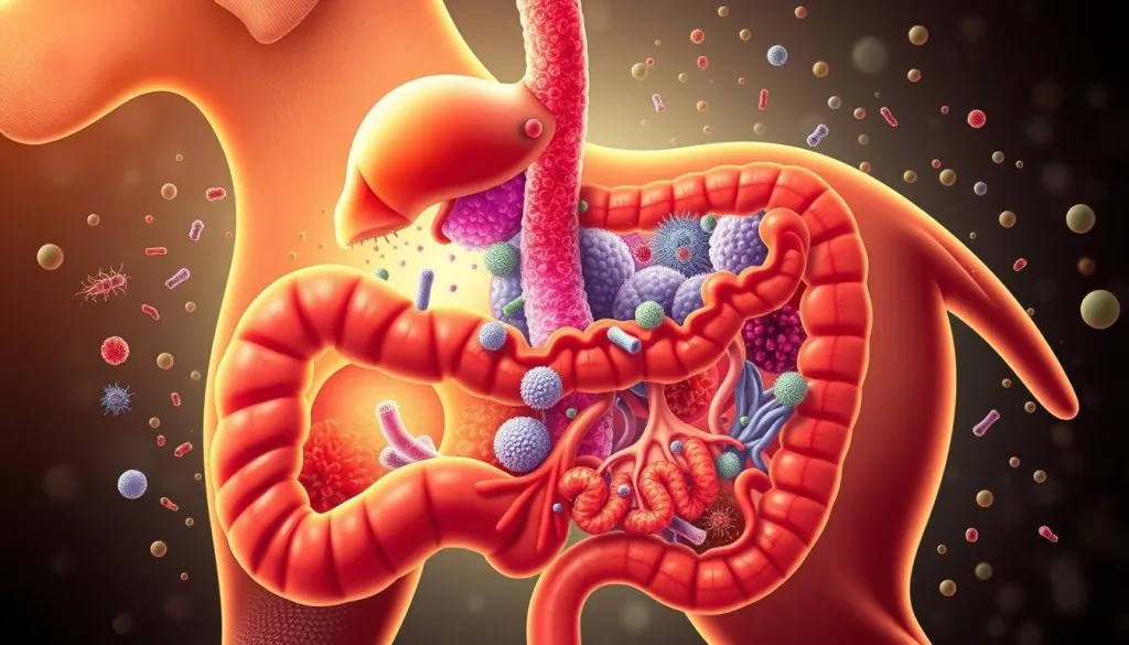 A detailed, cross-sectional illustration of a healthy canine digestive system, showcasing the vibrant, well-balanced gut microbiome. Visually depict the crucial role of probiotics in supporting an aging dog's intestinal flora, with a warm, inviting color palette and a sense of balance and vitality. Capture the microscopic diversity of gut bacteria, interwoven with the anatomy of the stomach, intestines, and colon, all bathed in a soft, natural lighting that emphasizes the harmonious integration of these elements. Render this scene with a medium-wide angle lens, creating a sense of depth and emphasis on the interconnected nature of gut health. Convey a mood of scientific exploration and appreciation for the complexities of canine digestion. A detailed, cross-sectional illustration of a healthy canine digestive system, showcasing the vibrant, well-balanced gut microbiome. Visually depict the crucial role of probiotics in supporting an aging dog's intestinal flora, with a warm, inviting color palette and a sense of balance and vitality. Capture the microscopic diversity of gut bacteria, interwoven with the anatomy of the stomach, intestines, and colon, all bathed in a soft, natural lighting that emphasizes the harmonious integration of these elements. Render this scene with a medium-wide angle lens, creating a sense of depth and emphasis on the interconnected nature of gut health. Convey a mood of scientific exploration and appreciation for the complexities of canine digestion.