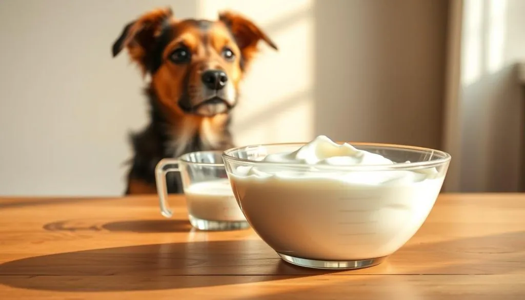 A glass bowl filled with creamy, tantalizing kefir yogurt sits atop a wooden table, illuminated by warm, natural lighting. Beside it, a measuring cup and a playful, curious dog gazes intently, eager to understand the proper serving size. The background is a serene, minimalist setting, allowing the focus to remain on the key elements - the yogurt, the measuring cup, and the attentive canine companion, capturing the essence of the section on "Serving sizes and how much to give per day" for a healthy, gut-nourishing diet.