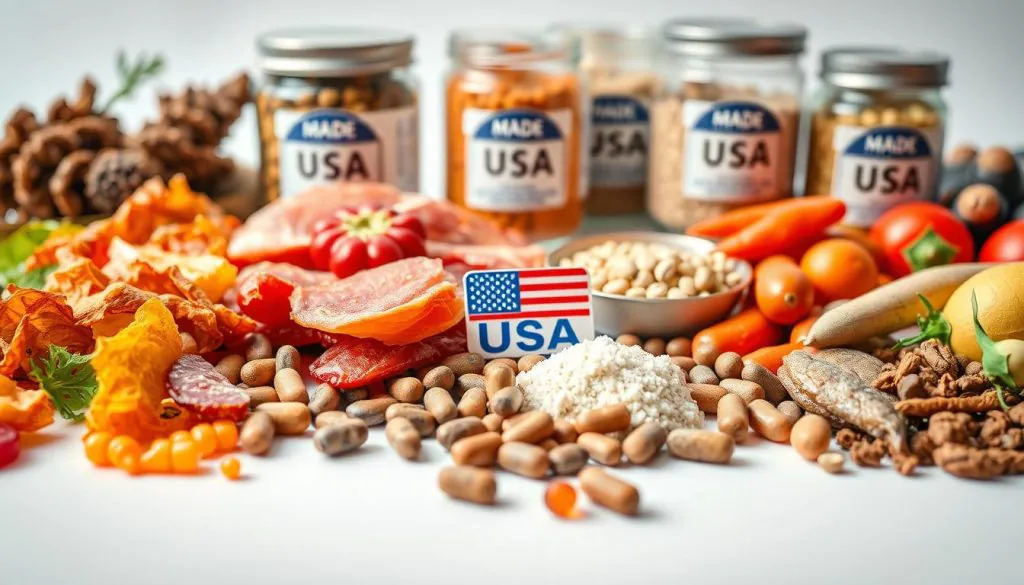A high-quality, close-up photograph of various premium dog supplement ingredients made in the USA, neatly arranged on a clean, white background. The foreground showcases an assortment of whole, natural ingredients such as dried meat, fish, fruits, and vegetables, with a focus on their vibrant colors and textures. The middle ground features glass jars or tins containing powdered or granulated supplements, their labels prominently displaying the "Made in the USA" claim. The background is softly lit, creating a sense of purity and trustworthiness, emphasizing the quality and origin of these domestic dog health products.