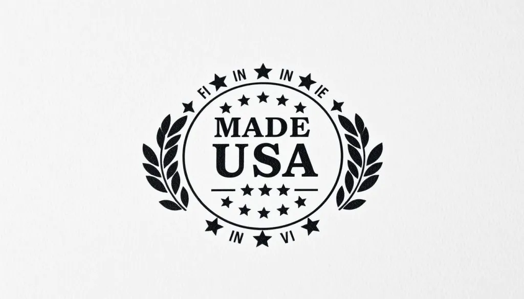 A high-quality label with a sophisticated design, showcasing the "Made in the USA" seal against a clean, minimalist background. The label is printed on premium matte paper with a tactile, textured finish. Soft, natural lighting illuminates the design, creating a sense of quality and craftsmanship. The layout is well-balanced, with the "Made in the USA" emblem prominently displayed, surrounded by subtle graphic elements that complement the overall aesthetic. The entire composition conveys a strong sense of American pride and attention to detail, reflecting the importance of quality in the production of dog supplements.