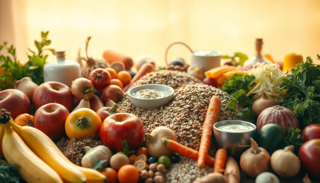 A lush, vibrant still life showcasing an assortment of prebiotic-rich foods. In the foreground, an array of colorful fruits and vegetables - ripe bananas, crisp apples, crunchy carrots, and juicy onions. In the middle ground, an array of whole grains, including hearty oats, nutty quinoa, and chewy barley. In the background, a smattering of fermented delights - tangy kefir, creamy yogurt, and pungent sauerkraut. The scene is bathed in warm, golden light, creating a cozy, inviting atmosphere. The composition is balanced and visually appealing, highlighting the natural beauty and nutritional bounty of these gut-boosting prebiotic foods.