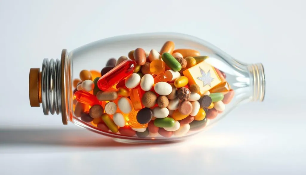 A meticulously designed glass vessel filled with a vibrant array of vitamins and minerals, delicately balanced in precise proportions. The contents are illuminated from within, casting a warm, inviting glow that accentuates the natural hues and textures of the supplements. The vessel is placed on a clean, minimalist surface, allowing the focus to remain solely on the captivating blend of essential nutrients. Crisp, even lighting from multiple angles creates a sense of depth and dimension, while a shallow depth of field ensures the vitamins and minerals are the undisputed stars of the scene. The overall composition exudes a sense of quality, care, and scientific rigor, befitting the high standards of a premium, human-grade dog supplement.