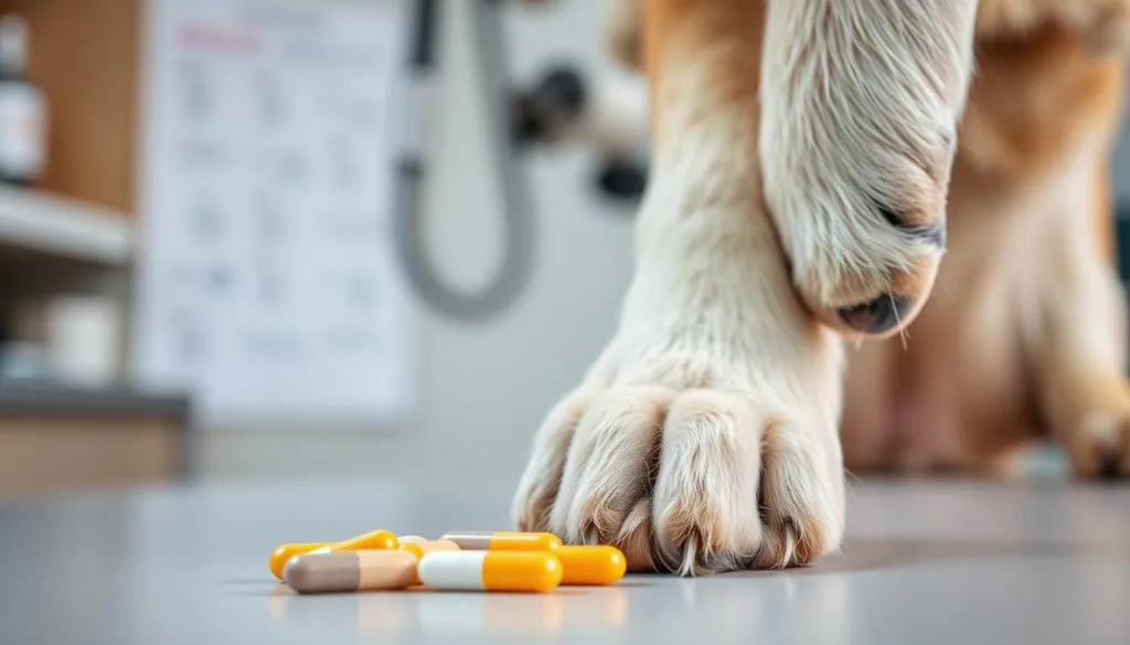 A photograph of a dog's paw with a handful of probiotic capsules or tablets in the foreground, set against a blurred background of a veterinary examination table or clinic setting. The lighting is soft and natural, creating a calm, informative atmosphere. The angle is slightly elevated, emphasizing the dog's paw and the probiotic dosage. The image conveys a sense of care, expertise, and attention to detail in administering the appropriate probiotic supplement for the dog's health and well-being.
