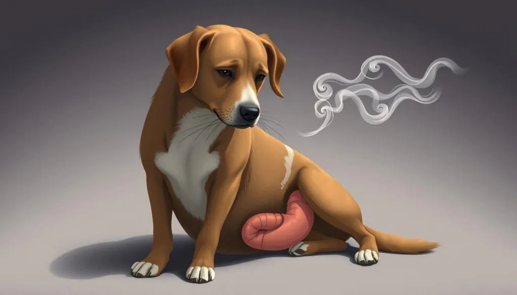 A realistic illustration depicting the potential side effects of a medication or supplement. In the foreground, a dog appears slightly uncomfortable, with a pained expression and subtle stomach bloating. In the middle ground, wispy clouds of gas emanate from the dog's digestive tract, conveying a sense of discomfort. The background features a muted, subdued color palette, creating a somber, introspective atmosphere. The lighting is soft and diffused, casting gentle shadows that accentuate the dog's features. The composition is balanced, with the dog positioned slightly off-center to draw the viewer's attention. Overall, the image conveys the potential challenges and discomforts that a dog may experience when introducing a new supplement or medication, without being overly dramatic or exaggerated.