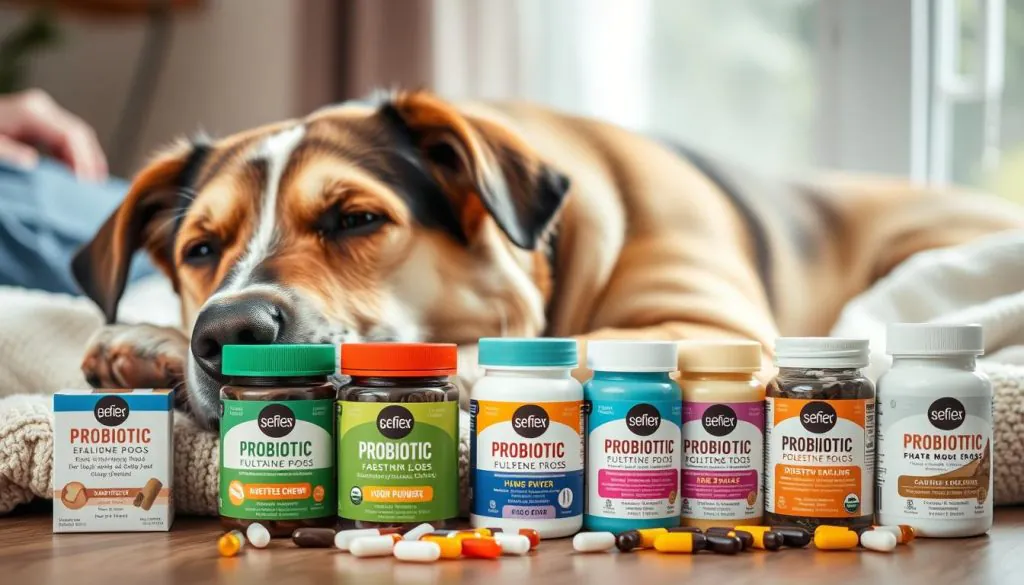 A senior dog lying comfortably on a soft blanket, their head resting on their paws. The dog's expression is calm and content, suggesting a sense of ease and well-being. In the foreground, an array of colorful probiotic supplements in various forms, such as chews, powders, and capsules, are neatly arranged, implying the importance of these digestive aids for the dog's health. The middle ground features a serene, natural setting, with soft, diffused lighting filtering through a window, creating a soothing atmosphere. The background is slightly blurred, adding to the tranquil mood, and may include subtle references to the dog's aging, such as a few gray hairs or a cozy, senior-friendly environment.