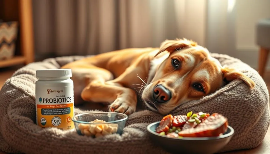A senior dog resting comfortably on a plush dog bed, with a bowl of probiotics and a healthy meal nearby. The dog's expression is calm and relaxed, conveying a sense of wellbeing. The scene is bathed in warm, natural lighting, highlighting the dog's fur and the probiotics container. The background is soft and blurred, keeping the focus on the dog and the probiotics. The composition is balanced, with the dog positioned slightly off-center, creating a visually appealing and informative image.
