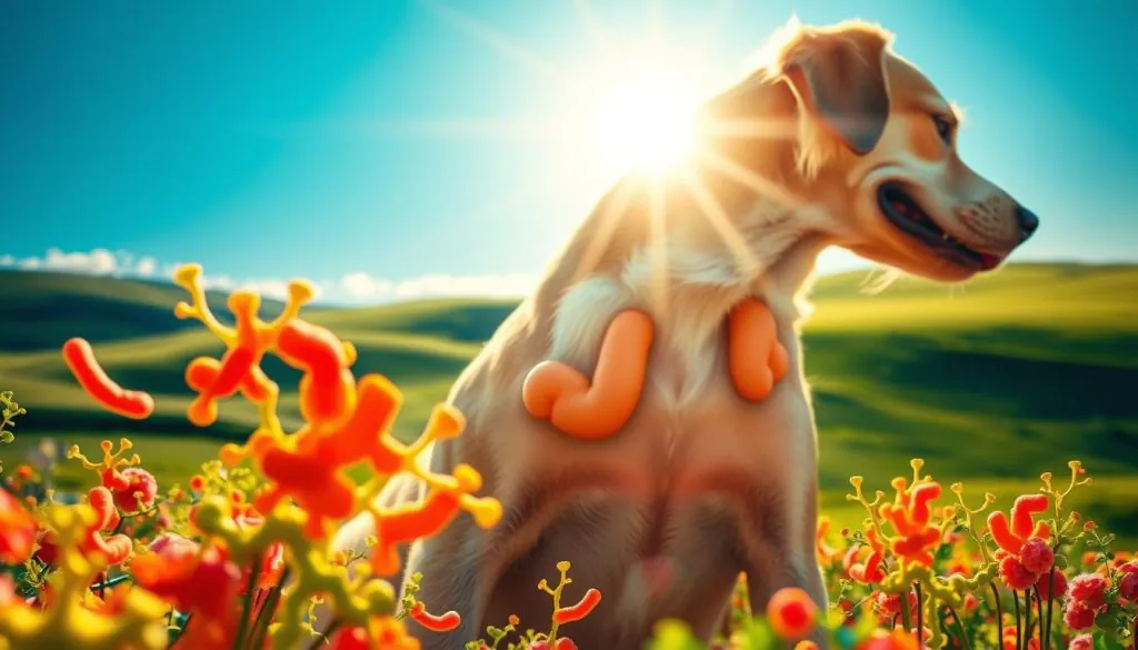 A serene, sunlit scene depicting a dog's digestive tract in perfect harmony. In the foreground, vibrant, healthy gut bacteria thrive, their vibrant colors and flowing shapes suggesting balance and comfort. The middle ground features the dog's abdomen, its contours smooth and relaxed, conveying a sense of inner peace. In the background, a soothing landscape of rolling green hills and a clear blue sky, suggesting the overall well-being of the canine companion. Soft, diffused lighting bathes the scene, creating a warm, inviting atmosphere. The composition is carefully balanced, with the elements working together to convey the concept of digestive wellness and daily comfort. A serene, sunlit scene depicting a dog's digestive tract in perfect harmony. In the foreground, vibrant, healthy gut bacteria thrive, their vibrant colors and flowing shapes suggesting balance and comfort. The middle ground features the dog's abdomen, its contours smooth and relaxed, conveying a sense of inner peace. In the background, a soothing landscape of rolling green hills and a clear blue sky, suggesting the overall well-being of the canine companion. Soft, diffused lighting bathes the scene, creating a warm, inviting atmosphere. The composition is carefully balanced, with the elements working together to convey the concept of digestive wellness and daily comfort.