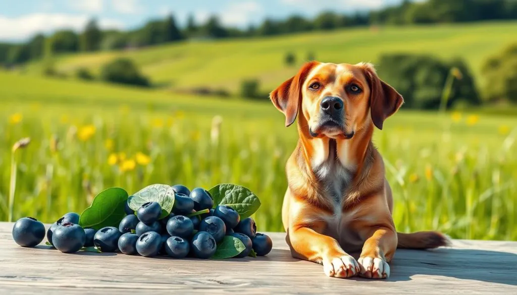 A serene, well-lit scene showcasing the health benefits for senior dogs. In the foreground, a contented senior dog sits peacefully, its coat shiny and eyes bright. The middle ground features vibrant, nutrient-rich superfoods like blueberries, spinach, and probiotics, symbolizing the nourishing elements supporting the dog's digestive health. The background depicts a tranquil outdoor setting, with a lush green meadow and a clear blue sky, conveying a sense of natural balance and vitality. The overall atmosphere is one of calm, wellness, and the restorative power of a healthy diet for aging canines.