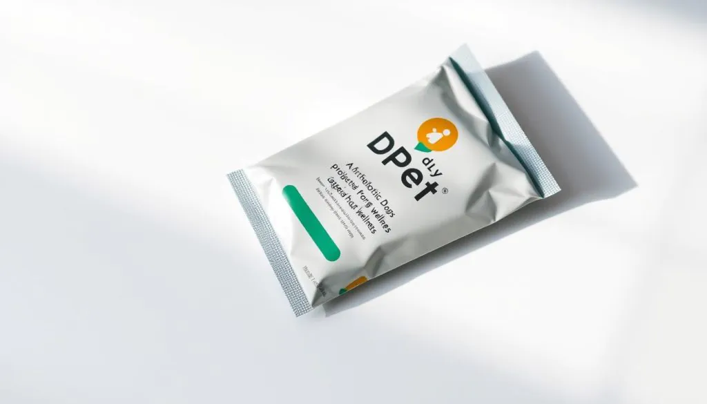 A sleek, modern package of DLY Pets probiotics for dogs, resting on a clean, minimalist surface. The container has a glossy, high-quality finish, with the brand name prominently displayed. The packaging design is elegant and eye-catching, conveying a sense of premium quality and targeted health support for canine gut wellness. Soft, directional lighting illuminates the product, creating subtle shadows and highlights that accentuate the product's design. The overall scene has a serene, professional atmosphere, suitable for illustrating the section on DLY Pets probiotics for dogs.