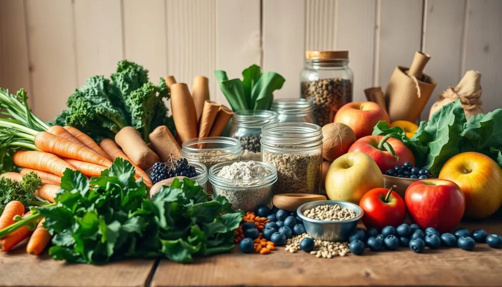 A still-life arrangement of fresh, organic ingredients on a rustic wooden table, illuminated by warm, natural lighting. In the foreground, an assortment of whole vegetables and fruits, such as carrots, kale, apples, and blueberries, arranged with care. In the middle ground, glass jars or containers filled with powders, seeds, and other supplements, conveying a sense of purity and quality. The background features a simple, uncluttered setting, allowing the natural textures and colors of the ingredients to take center stage. The overall composition exudes a sense of authenticity, inviting the viewer to appreciate the wholesome, real-world elements that contribute to a healthy lifestyle. A still-life arrangement of fresh, organic ingredients on a rustic wooden table, illuminated by warm, natural lighting. In the foreground, an assortment of whole vegetables and fruits, such as carrots, kale, apples, and blueberries, arranged with care. In the middle ground, glass jars or containers filled with powders, seeds, and other supplements, conveying a sense of purity and quality. The background features a simple, uncluttered setting, allowing the natural textures and colors of the ingredients to take center stage. The overall composition exudes a sense of authenticity, inviting the viewer to appreciate the wholesome, real-world elements that contribute to a healthy lifestyle.