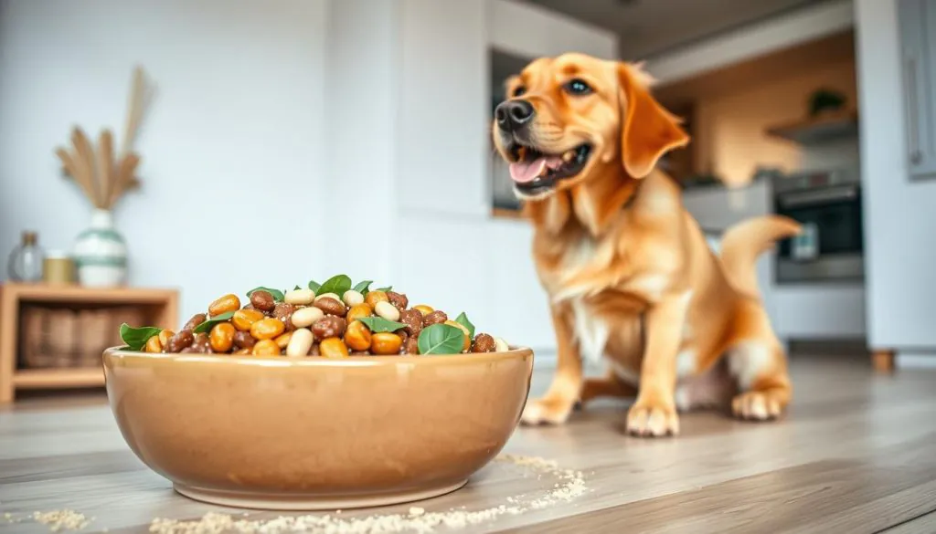 A vibrant and cheerful scene of a dog enjoying a probiotic-infused meal. In the foreground, a large ceramic bowl filled with a colorful blend of wet dog food, sprinkled with vibrant green leaves and powdery supplements. The dog, a playful golden retriever, sits attentively, its tail wagging with anticipation. Soft, diffused lighting illuminates the scene, casting a warm glow and highlighting the dog's shiny coat. The background features a cozy, minimalist kitchen interior, with clean white walls and wooden accents, creating a calming and inviting atmosphere. The overall composition conveys a sense of wellness, balance, and the dog's enthusiasm for its nutritious meal, setting the stage for a "smart start" to a healthy, probiotic-rich diet.