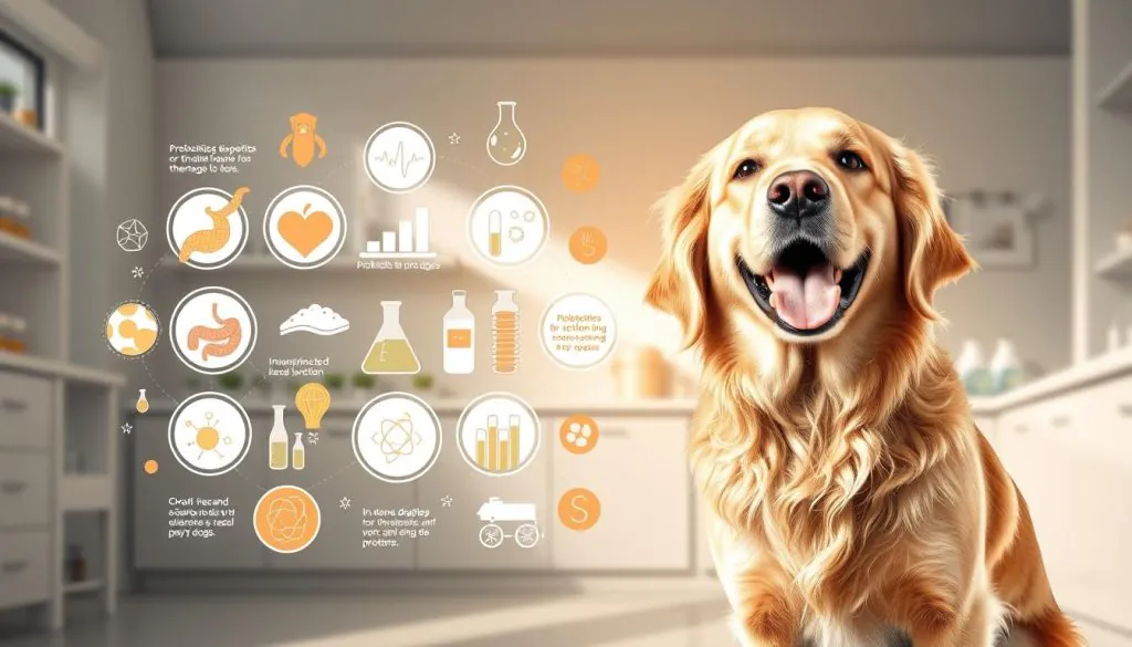 A vibrant and detailed illustration of the science-backed benefits of probiotics for dogs. In the foreground, a playful golden retriever with a healthy, shiny coat. In the middle ground, a collage of scientific icons and infographics showcasing the positive impacts of probiotics on canine digestion, immune function, and overall wellbeing. The background features a clean, minimalist laboratory setting with beakers, test tubes, and other scientific equipment, bathed in a warm, natural lighting. The overall mood is one of informative authority, highlighting the evidence-based advantages of probiotics for our canine companions.