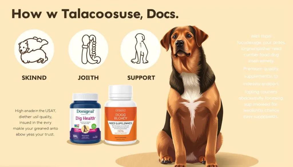 A vibrant and informative illustration showcasing how to choose dog supplements based on your canine's specific needs. In the foreground, a well-groomed dog sits attentively, its coat shimmering with health. Behind it, a triptych of detailed icons representing skin and coat, joint health, and digestive support. The middle ground features a thoughtfully curated selection of high-quality, Made in the USA dog supplements, each tailored to address a particular wellness concern. The background sets the scene with a warm, earthy tone, conveying a sense of natural purity and trust. Soft, directional lighting highlights the premium quality and care infused into every product. The overall composition strikes a balance between educational clarity and aesthetic appeal, guiding pet owners towards making informed, need-based supplement choices for their beloved companions.