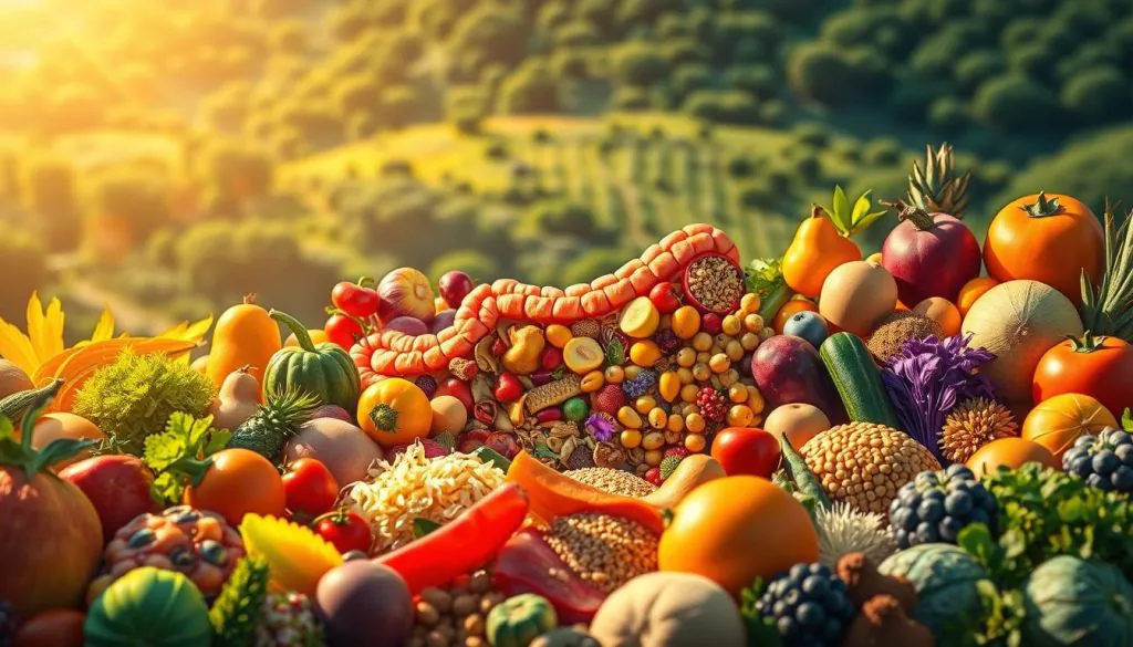 A vibrant, detailed illustration of a "food-first gut microbiome". In the foreground, an array of diverse, brightly-colored fruits, vegetables, and whole grains, representing the fiber-rich, nutrient-dense foods that nourish a healthy gut. In the middle ground, a cross-section of the gut, teeming with an abundance of diverse, beneficial gut bacteria, illustrated as colorful, abstract shapes and forms. In the background, a lush, verdant landscape, symbolizing the thriving, balanced ecosystem of the gut microbiome. The lighting is warm and natural, with soft shadows and highlights accentuating the organic textures and shapes. The overall mood is one of vitality, abundance, and holistic wellness.