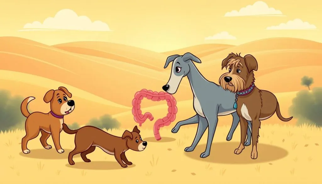 A vibrant, detailed illustration of the gut immune system in the form of cartoon dogs. In the foreground, a pack of playful, anthropomorphized canines representing various immune cells: a stocky bulldog as a macrophage, a sleek greyhound as a lymphocyte, and a shaggy terrier as a dendritic cell. In the middle ground, the dogs interact with a stylized intestinal tract, sniffing and exploring its winding pathways. The background features a warm, golden-hued landscape, with rolling hills and a cloudless sky, conveying a sense of health and vitality. The scene is bathed in soft, diffused lighting, creating a whimsical, educational atmosphere. A vibrant, detailed illustration of the gut immune system in the form of cartoon dogs. In the foreground, a pack of playful, anthropomorphized canines representing various immune cells: a stocky bulldog as a macrophage, a sleek greyhound as a lymphocyte, and a shaggy terrier as a dendritic cell. In the middle ground, the dogs interact with a stylized intestinal tract, sniffing and exploring its winding pathways. The background features a warm, golden-hued landscape, with rolling hills and a cloudless sky, conveying a sense of health and vitality. The scene is bathed in soft, diffused lighting, creating a whimsical, educational atmosphere.