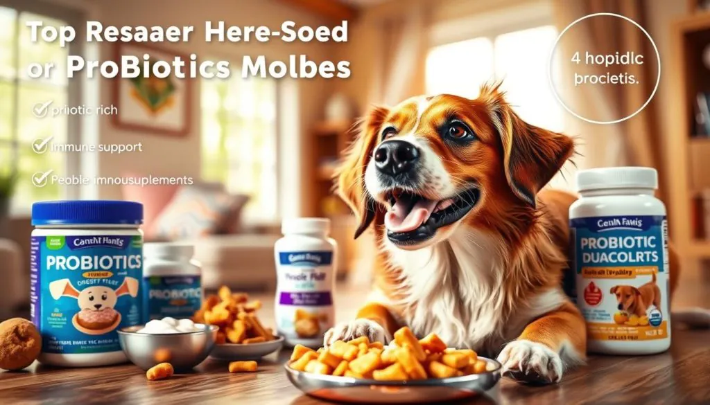 A vibrant, detailed scene showcasing the top research-backed benefits of probiotics for dogs. In the foreground, a happy, healthy dog enjoys a probiotic-rich meal, their coat gleaming and eyes full of energy. In the middle ground, various probiotic-rich foods and supplements surround the dog, including yogurt, kefir, and probiotic chews. The background features a warm, inviting interior with natural lighting, suggesting the dog's improved digestion, immune support, and overall well-being. The image conveys a sense of holistic wellness and the powerful impact of probiotics on a dog's health.