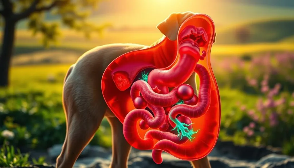 A vibrant, high-resolution image of a dog's digestive system in a cutaway view, showcasing the gut microbiome. The foreground features the intestines, colon, and stomach in vivid, realistic detail, with a glowing, healthy balance of gut flora. The middle ground depicts the liver, pancreas, and other vital organs working in harmony. The background is a serene, calming landscape with lush greenery, sunlight filtering through, and a sense of natural balance. Soft, warm lighting illuminates the scene, creating a contemplative, educational atmosphere. Captured with a macro lens for maximum clarity and depth of field.