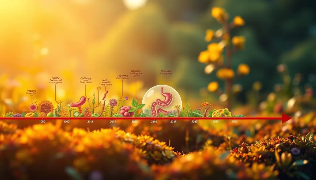 A vibrant illustration of the gut health timeline, captured with a warm, cinematic lens. In the foreground, a dynamic timeline depicting the gradual transformation of gut flora over time, represented by a lush, colorful ecosystem of probiotics and prebiotics. The middle ground showcases a cross-section of the digestive system, highlighting the intricate interplay between different bacterial strains. In the background, a softly blurred landscape of healthy, thriving flora and fauna, conveying a sense of balance and harmony. Warm, diffused lighting casts a gentle glow, evoking a sense of natural, holistic wellness. The overall composition emphasizes the dynamic, ever-evolving nature of gut health and the importance of nurturing it over time.