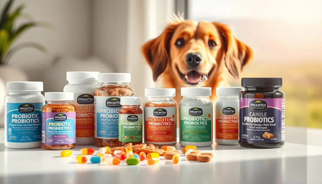 A vibrant image depicting a variety of probiotic supplements for canine digestive health. In the foreground, an assortment of colorful probiotic capsules, powders, and chews are arranged on a clean, white surface, illuminated by soft, natural lighting. In the middle ground, a curious, happy-looking dog gazes curiously at the probiotics, its fur shiny and healthy. The background features a soothing, blurred landscape, hinting at the restorative, natural benefits of these gut-supporting supplements. The overall scene conveys a sense of wellness, balance, and the power of probiotics to aid in resolving canine diarrhea, gas, and bloating.