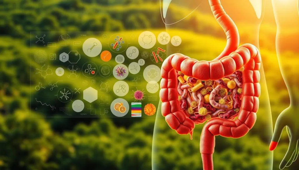 A vibrant, realistic illustration of the health benefits of gut bacteria. In the foreground, a detailed cross-section of a human intestine, showcasing the diverse ecosystem of beneficial microbes. The middle ground features a collage of scientific icons, including microscopic images of gut bacteria, vitamin and mineral symbols, and molecular diagrams. The background depicts a lush, verdant landscape, representing the holistic, natural connection between gut health and overall well-being. The lighting is warm and inviting, emphasizing the positive, life-giving properties of a balanced gut microbiome. The composition is clean and visually striking, capturing the viewer's attention and conveying the importance of gut health in a compelling, educational manner.