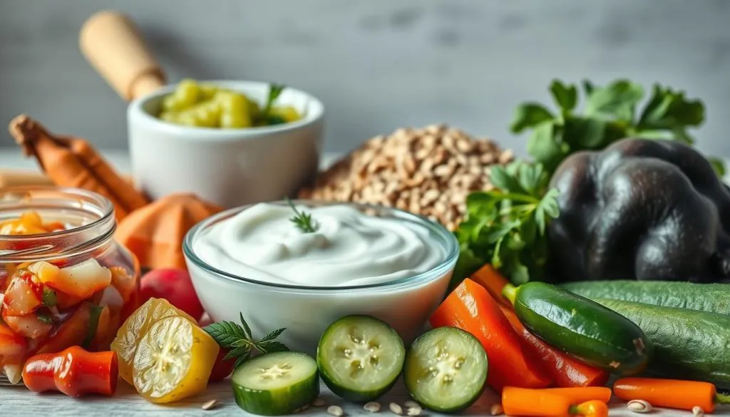 A vibrant still life of an assortment of probiotic-rich foods for dogs, captured in soft, natural lighting. In the foreground, a selection of fermented vegetables such as sauerkraut, kimchi, and pickled cucumbers, their textures and colors accentuated. The middle ground features a bowl of plain, unsweetened yogurt, garnished with fresh herbs. In the background, a mix of whole grains like quinoa, millet, and oats, symbolizing the fiber-rich component of a gut-healthy diet. The composition is balanced, with a sense of harmony and nutritional abundance, inviting the viewer to explore the benefits of these probiotic powerhouses for canine gut health.