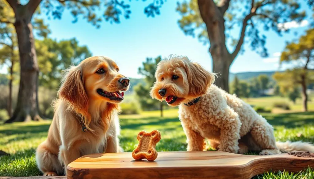 A vibrant, well-lit photograph of two playful dogs, one golden retriever and one poodle, enjoying a healthy probiotic-infused dog treat in a lush, sun-dappled park setting. The dogs are sitting upright, their coats shining, as they curiously sniff and nibble on the treat, which is presented on a natural wooden board. The background features a picturesque landscape with tall trees, a grassy meadow, and a distant blue sky. The overall mood is one of wellness, energy, and joy, capturing the potential benefits of probiotics for canine health and well-being.